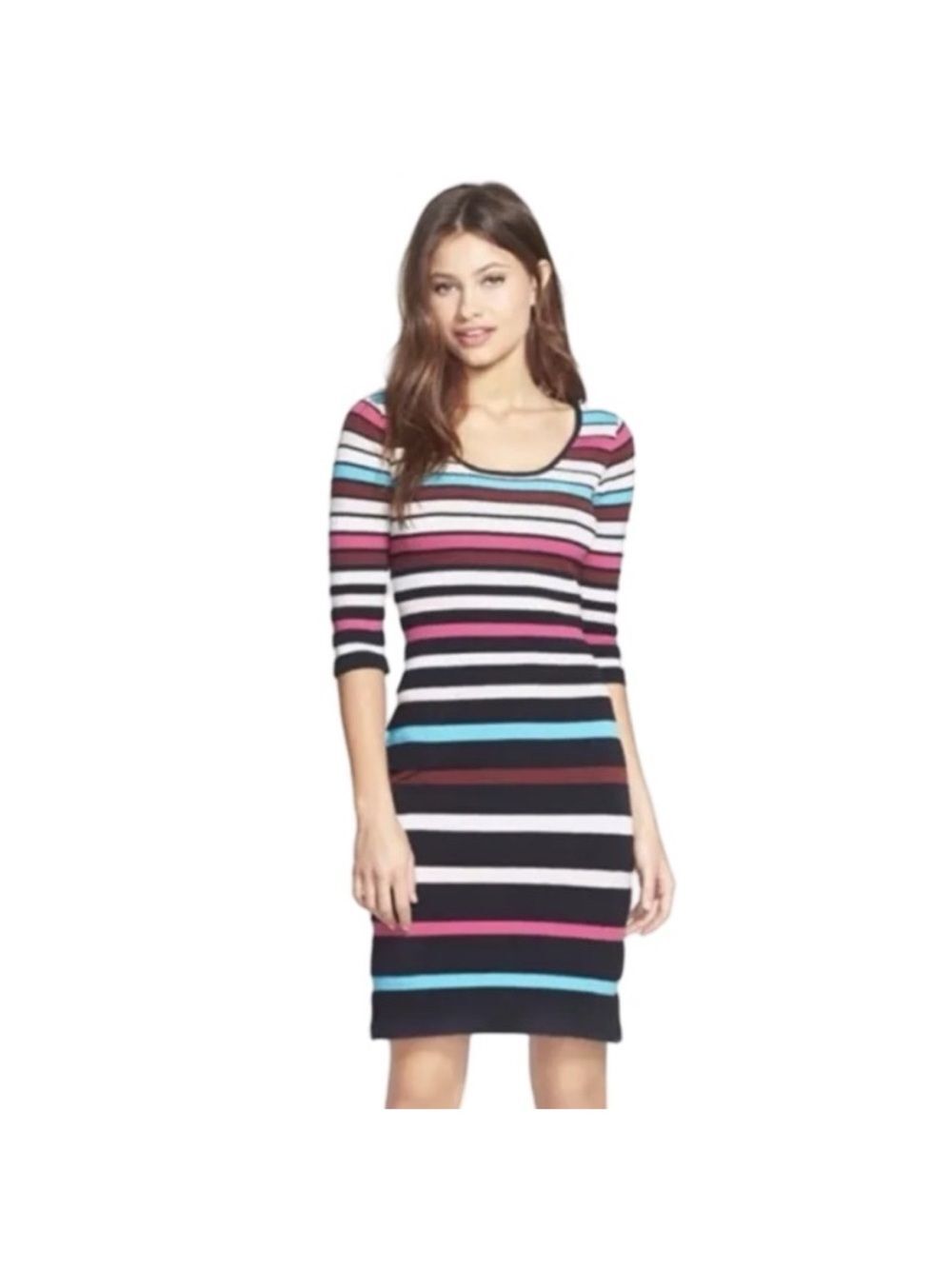 Betsey Johnson 3/4 Sleeve Multicolor Striped Bodycon Midi Dress Event Party